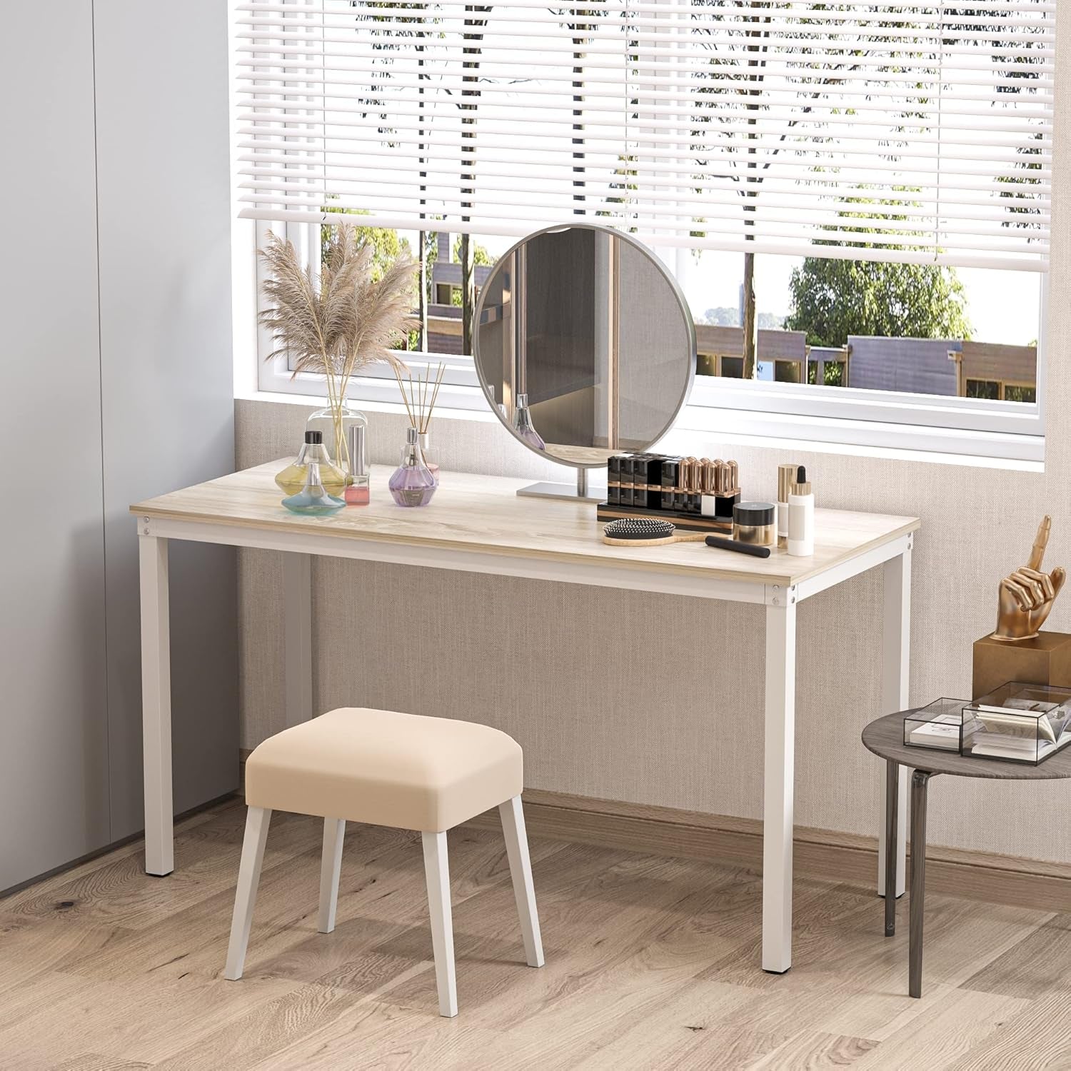 Computer Desk/Dining Table Office Desk Sturdy Writing Workstation for Home Office (47.24”, Beige + White Frame)