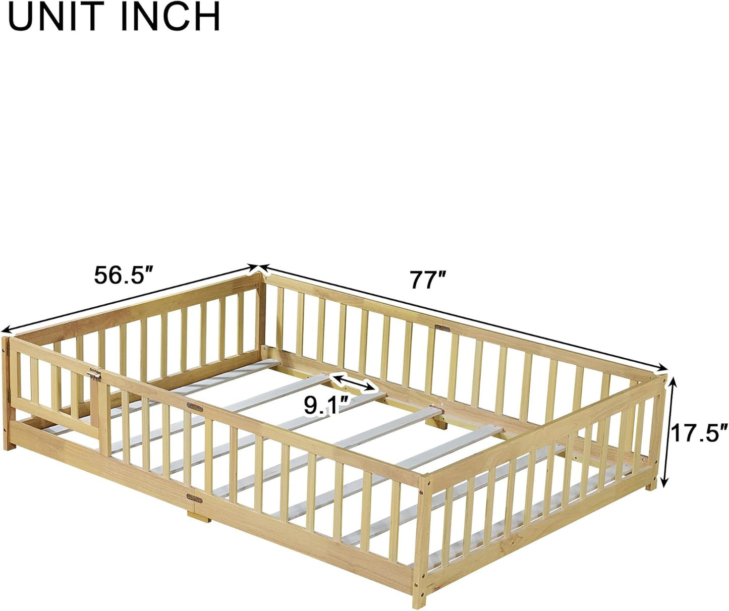 Full Size Floor Bed with Slats and Safety Guardrail, Full Size Montessori Floor Bed with Fence and Door, Easy Assemble Montessori Beds for Kids, Girls, Boys, Natural