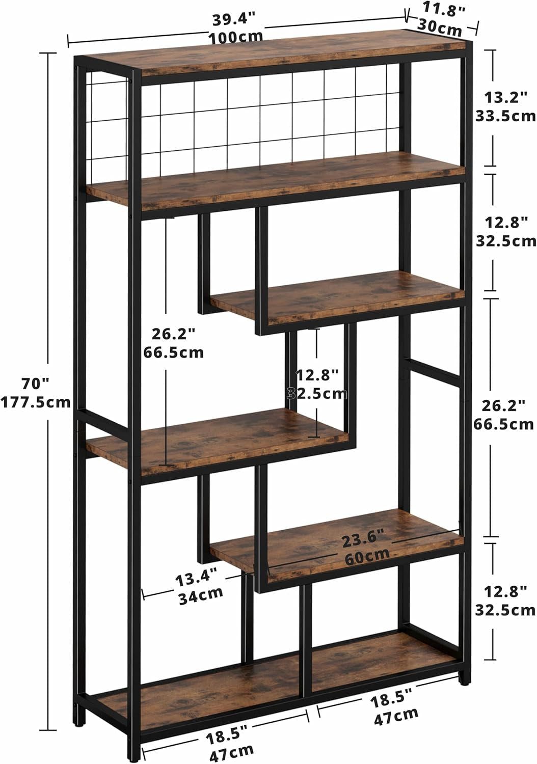Bookshelves 6 Tiers, Industrial Etagere Heavy Duty Shelves for Living Rooom, Office Storage Geomeric Display Boocase, Vintage Brown
