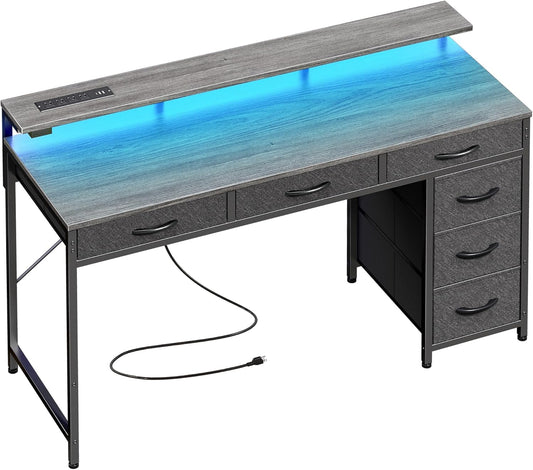 Gaming Desk with 6 Drawers, Computer Desk with LED Lights Power Outlets and Type-C, 47 Inch Office Desk with Storage, Monitor Stand, Writing Desk Work Desk for Home Office, Bedroom, Study, Grey