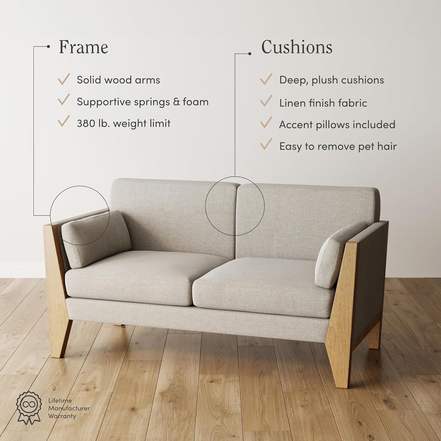 Zion 2-Seater Modern Farmhouse Sofa with Linen Upholstery and Solid Wood Arms, Sand/Light Brown Wood