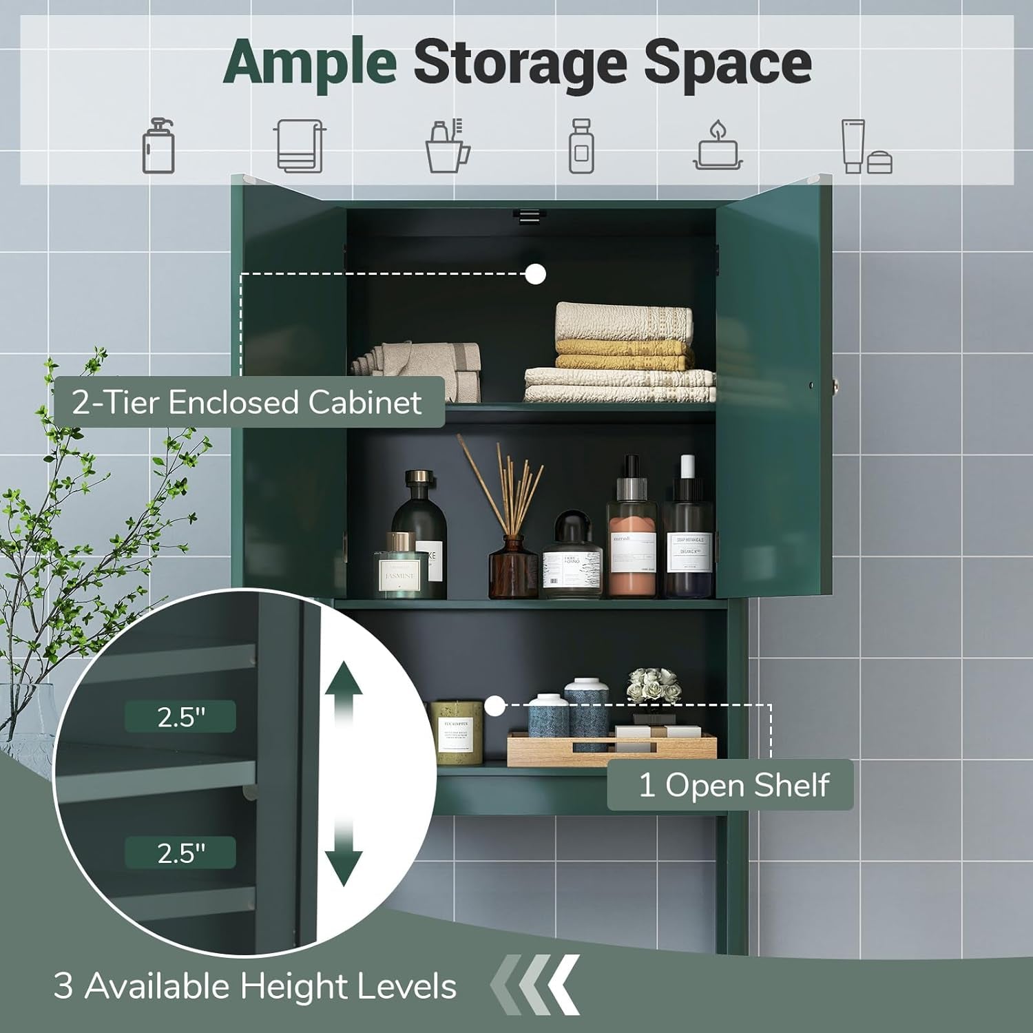 over the Toilet Storage Cabinet, Bathroom Organizer W/Fluted Doors, Adjustable Shelf&Bottom Bar, Open Storage Cube, Space-Saving above Toilet Storage Cabinet for Laundry (Forest Green)
