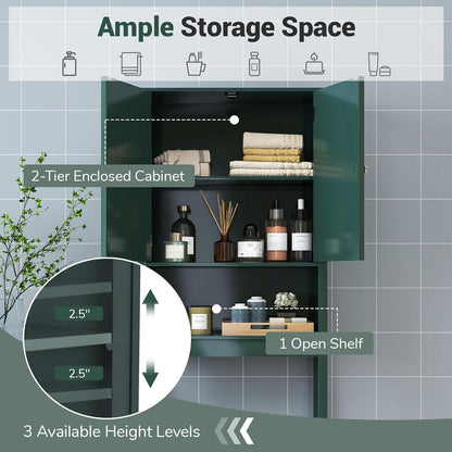 over the Toilet Storage Cabinet, Bathroom Organizer W/Fluted Doors, Adjustable Shelf&Bottom Bar, Open Storage Cube, Space-Saving above Toilet Storage Cabinet for Laundry (Cream White)