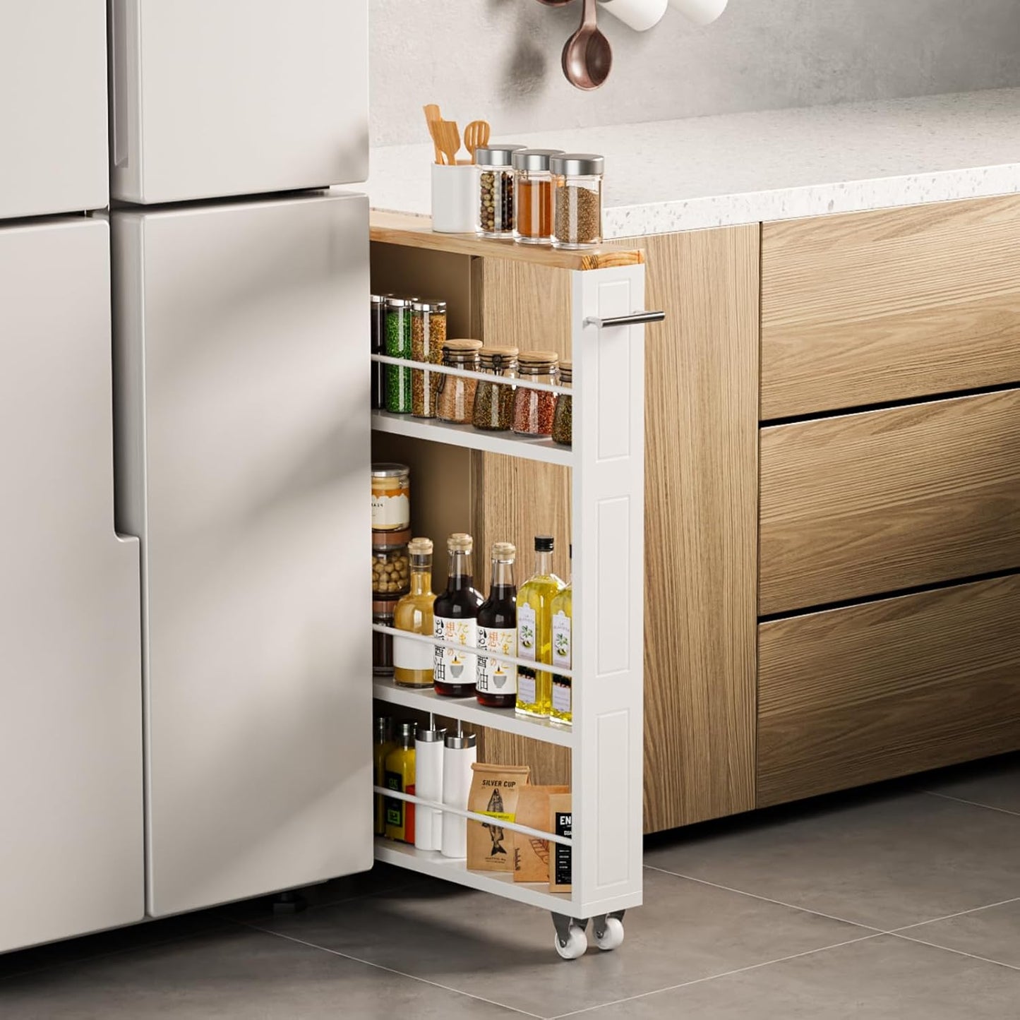 4 Tier White Slim Storage Cart with Handle, Slide Out Storage Rolling Utility Cart for Kitchen, Laundry, Narrow Places