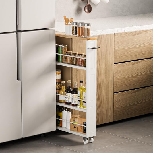 4 Tier White Slim Storage Cart with Handle, Slide Out Storage Rolling Utility Cart for Kitchen, Laundry, Narrow Places