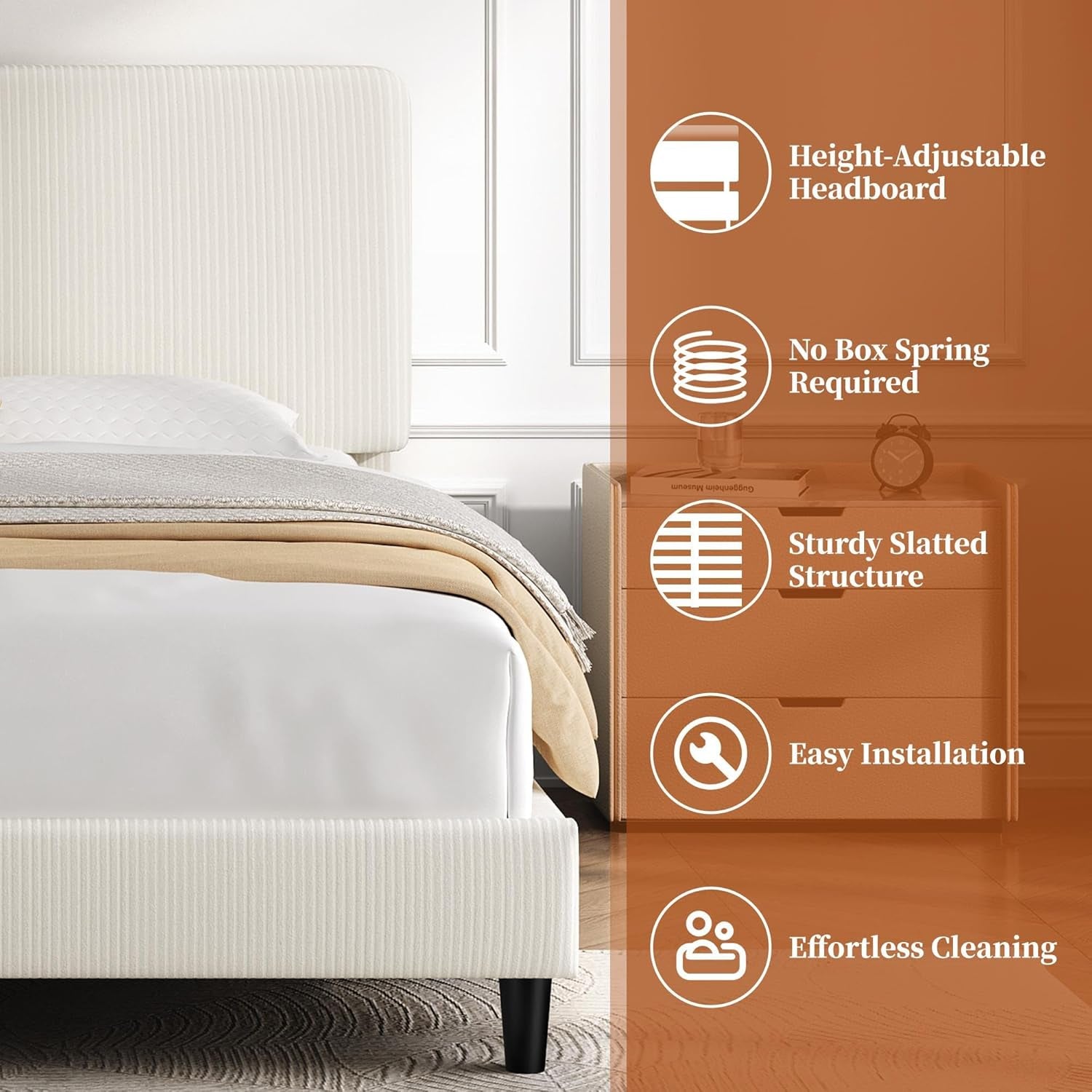 Queen Bed Frames with Adjustable Headboard, Chenille Fabric Upholstered Headboard/Platform Bed, Queen Size Bed Frame No Box Spring Needed/Wood Slats Support/Easy Assembly/Beige