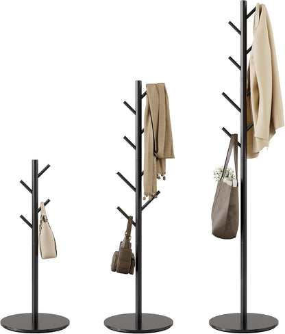 Coat Rack with 8 Hooks, Modern Hall Tree, Sturdy Metal Clothes Stand & Sintered Stone Base for Entryway, Office, Bedroom, Stable Storage in Coats, Hats, Handbags and Scarves, Black