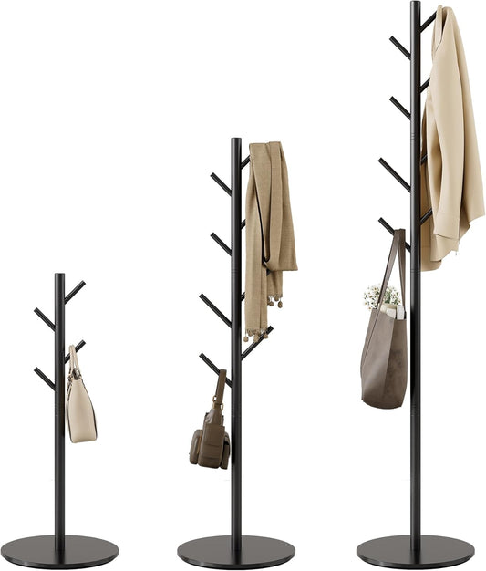 Coat Rack with 8 Hooks, Modern Hall Tree, Sturdy Metal Clothes Stand & Sintered Stone Base for Entryway, Office, Bedroom, Stable Storage in Coats, Hats, Handbags and Scarves, Black