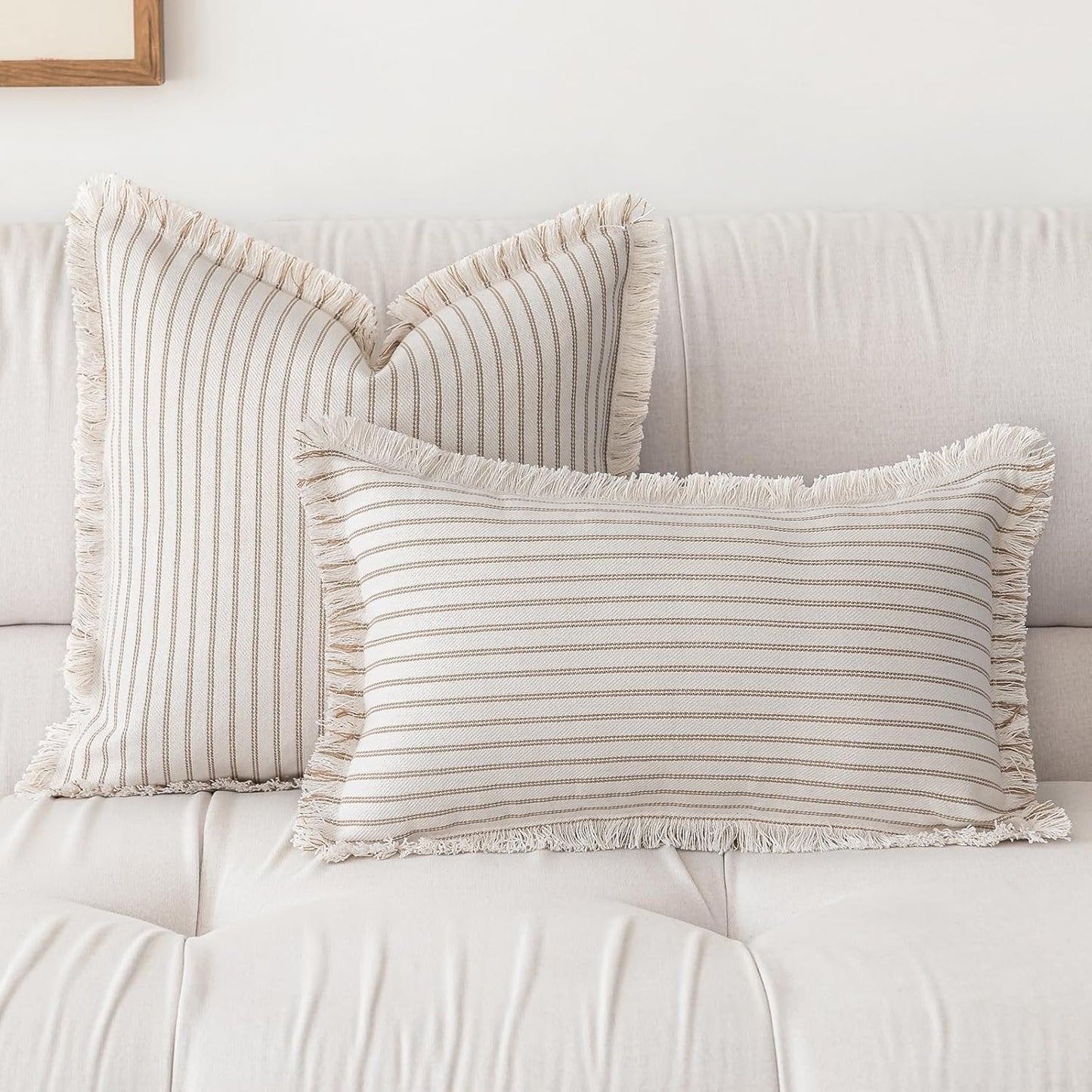 Throw Pillow Covers 20X20 Set of 2 Striped Fringe Pillow Cover Farmhouse Cushion Covers with Tassel Neutral Boho Pillows Decorative Square Pillowcase for Couch Sofa Bed, Khaki