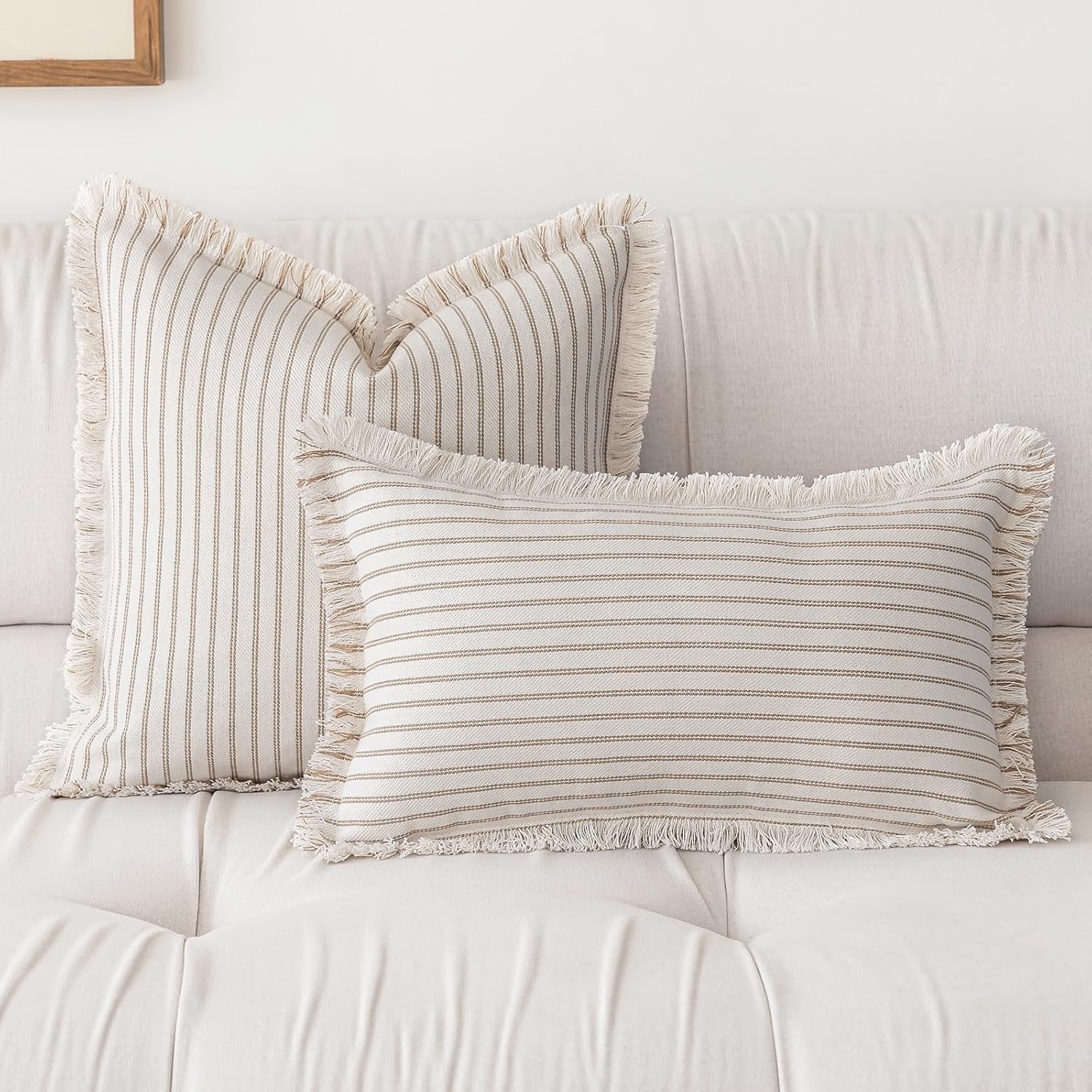 Throw Pillow Covers 20X20 Set of 2 Striped Fringe Pillow Cover Farmhouse Cushion Covers with Tassel Neutral Boho Pillows Decorative Square Pillowcase for Couch Sofa Bed, Khaki