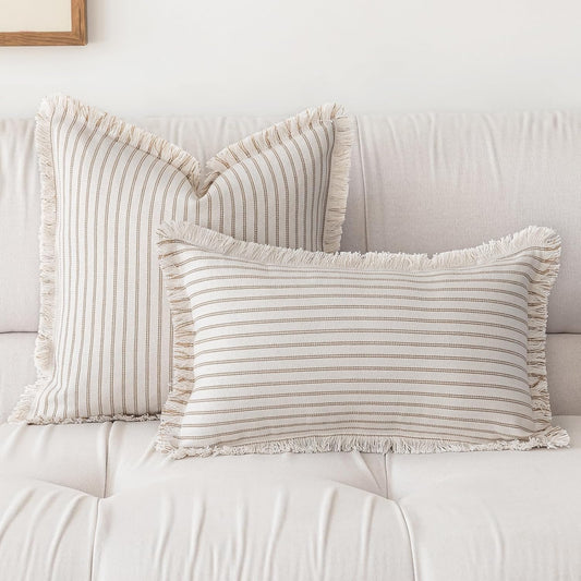 Throw Pillow Covers 20X20 Set of 2 Striped Fringe Pillow Cover Farmhouse Cushion Covers with Tassel Neutral Boho Pillows Decorative Square Pillowcase for Couch Sofa Bed, Khaki
