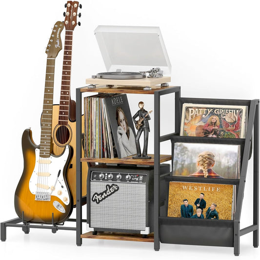 Record Player Stand, Guitar Stand for Acoustic, Electric Guitar, Bass with Amp Stand, 3-Tier Vinyl Record Storage up to 200 Albums, Record Player Table for Record Player, Speaker, Amplifier