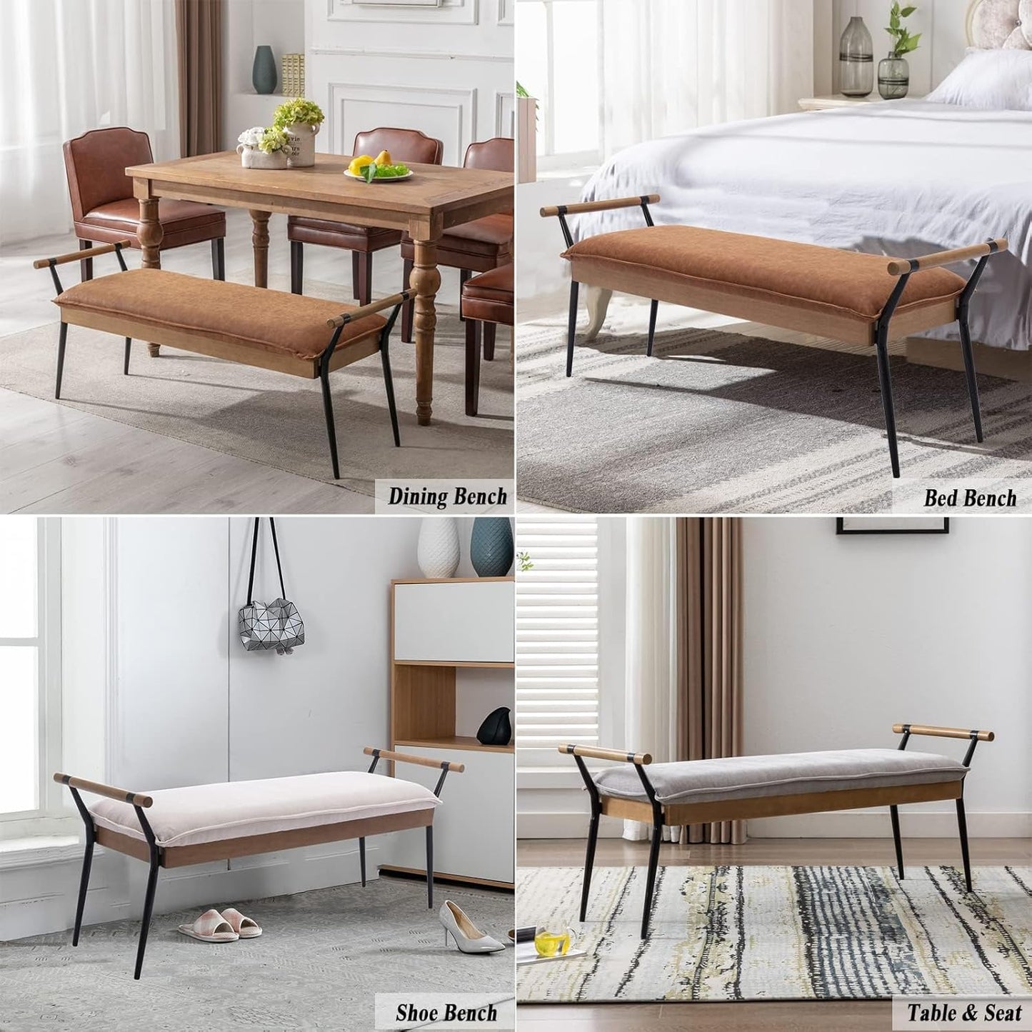 Modern Rectangle Ottoman Bench with Arms and Metal Legs, Mid Century PU Dining Table Bench Footstool Entryway Shoe Bench for Dining Room Bedroom Living Room, Brown