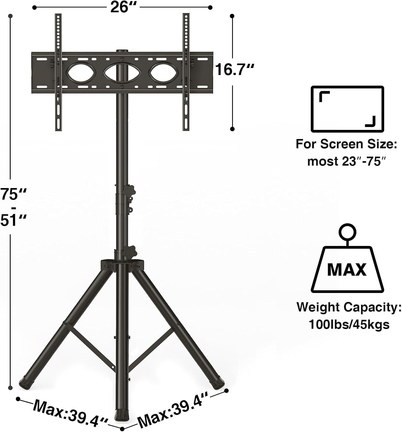 Tripod TV Stand for 23-75 Inch Flat Screen/Curved Tvs up to 100 Lbs, Outdoor TV Stand with ±15° Tilt, Height Adjustable Portable TV Stands with Safety Design, Max VESA 600X400M, Black