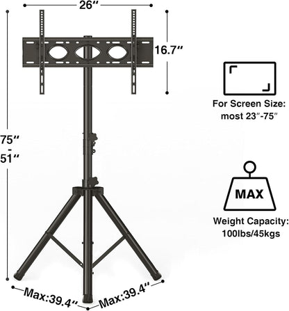 Tripod TV Stand for 23-75 Inch Flat Screen/Curved Tvs up to 100 Lbs, Outdoor TV Stand with ±15° Tilt, Height Adjustable Portable TV Stands with Safety Design, Max VESA 600X400M, Black