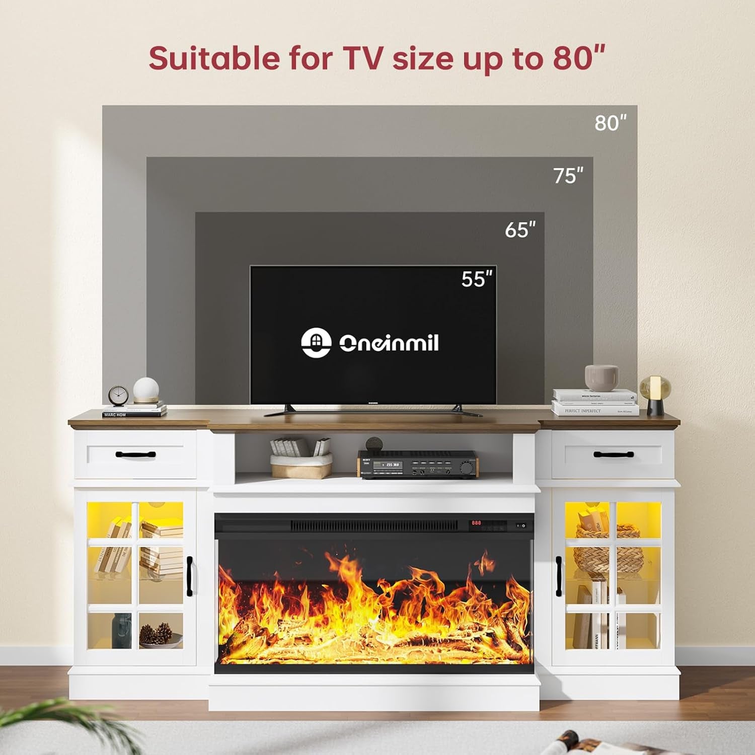 70" Fireplace TV Stand with 3-Sided Glass Fireplace, Modern Wood Entertainment Center with LED Lights and Glass Door, 36" Fire Place TV Stands for Living Room, White