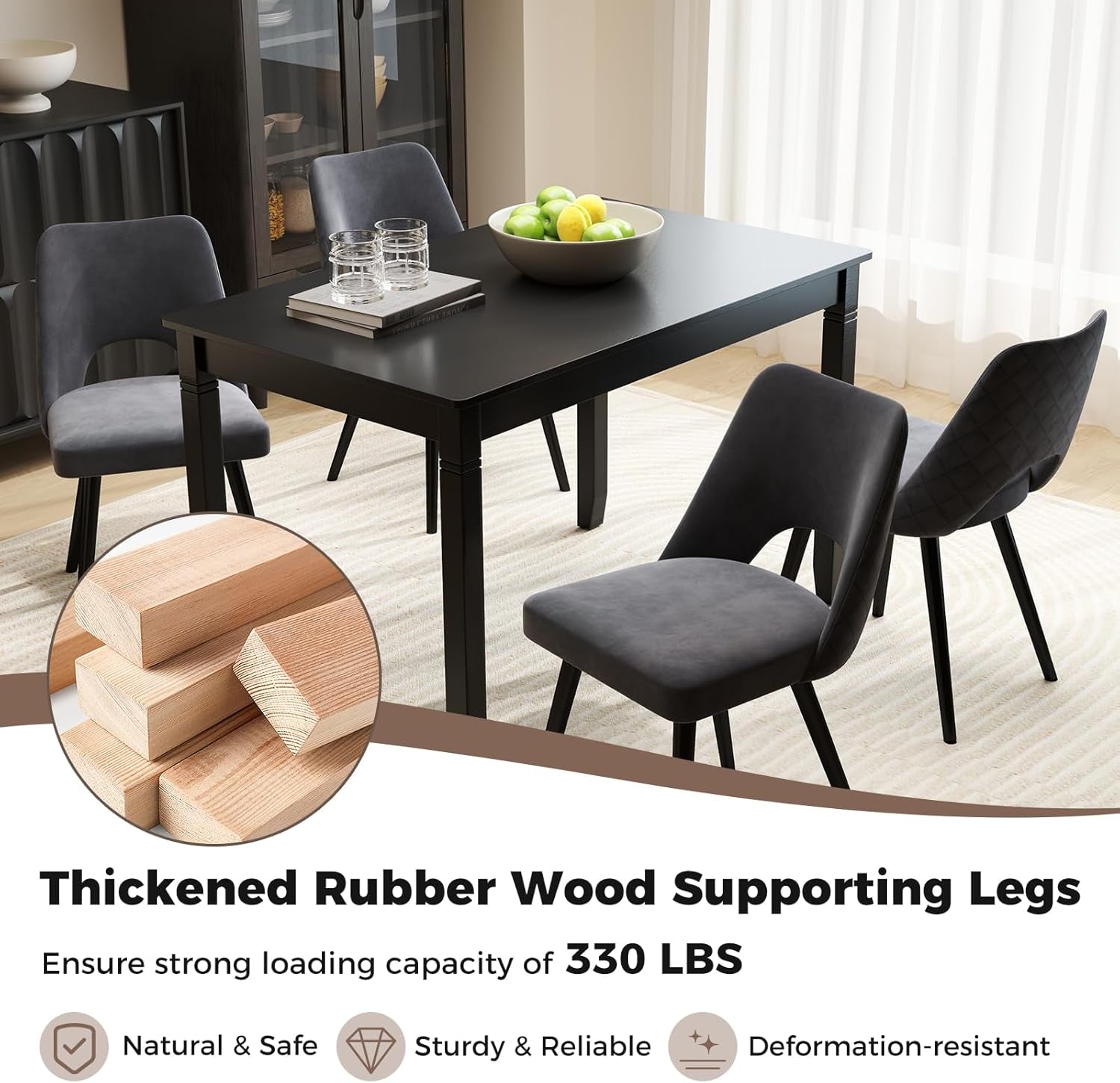 Dining Table for 4 People, 48"X 29" Kitchen Table with Wood Legs, Load 330 Lbs, Rectangular Dinner Table for Small Space, Dinette, Breakfast Nook, Apartment, Living Room, Dining Room (Black)