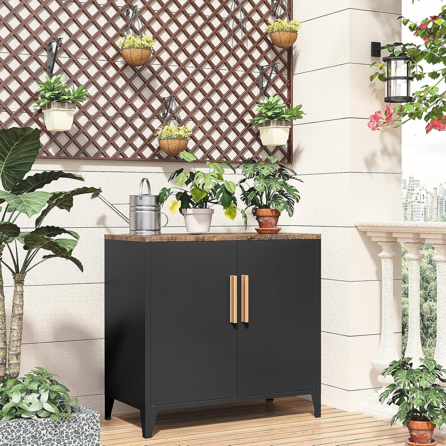 30" H Outdoor Storage Cabinet, Sideboard Buffet Cabinet, 2 Doors, Metal, Adjustable Shelf, Kitchen,Coffee Bar, Garden, Entryway, Table Cupboard,16" Dx 32" Wx30 H Black