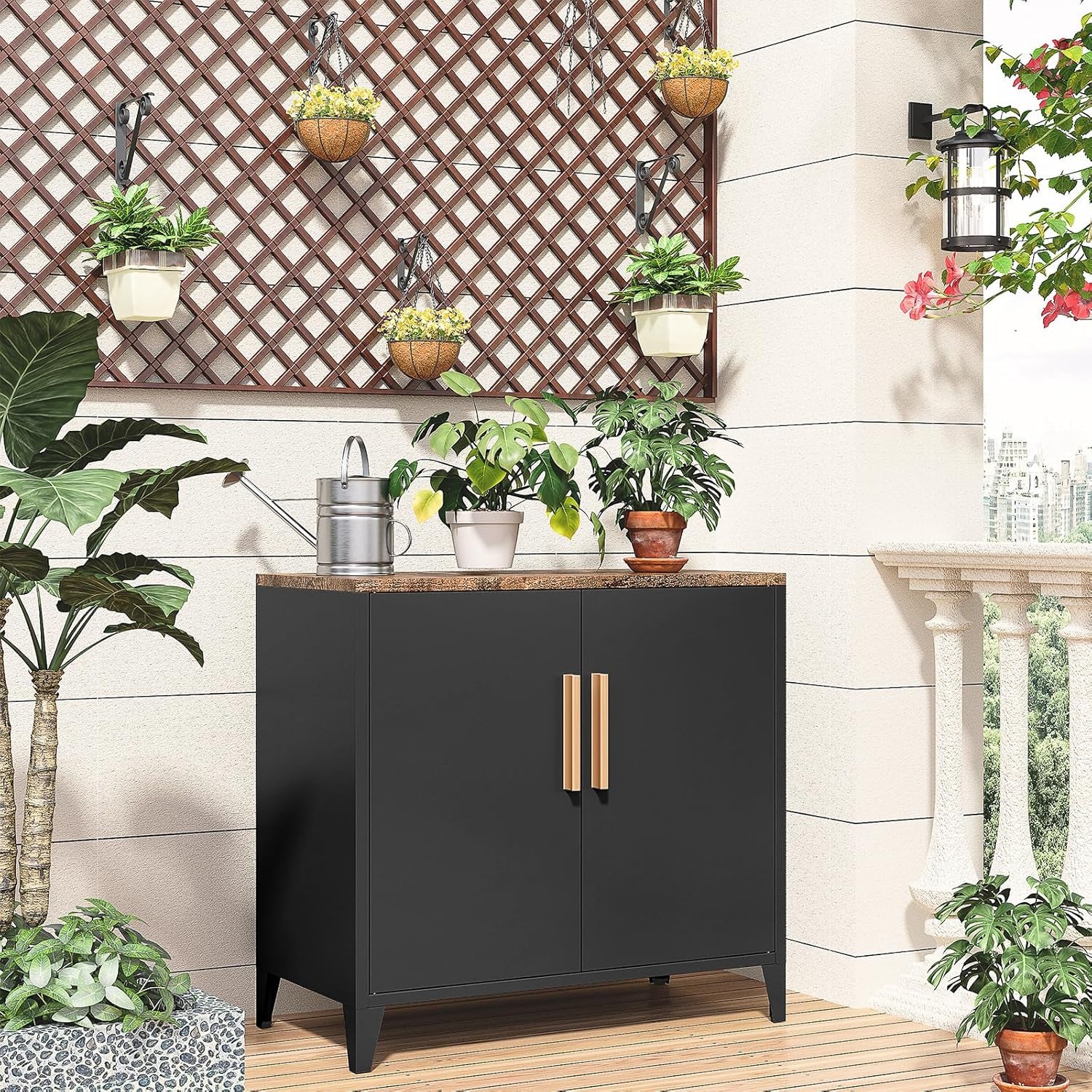 30" H Outdoor Storage Cabinet, Sideboard Buffet Cabinet, 2 Doors, Metal, Adjustable Shelf, Kitchen,Coffee Bar, Garden, Entryway, Table Cupboard,16" Dx 32" Wx30 H Black