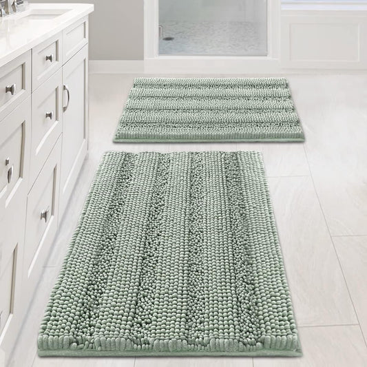Sage Bathroom Rugs, Bath Mat Set of 2 Extra Thick Chenille Striped Pattern Shaggy Bath Rugs for Bath Room, Non Skid Bath Mats for Bathroom Floor (32 X 20 plus 24 X 17 - Inches)