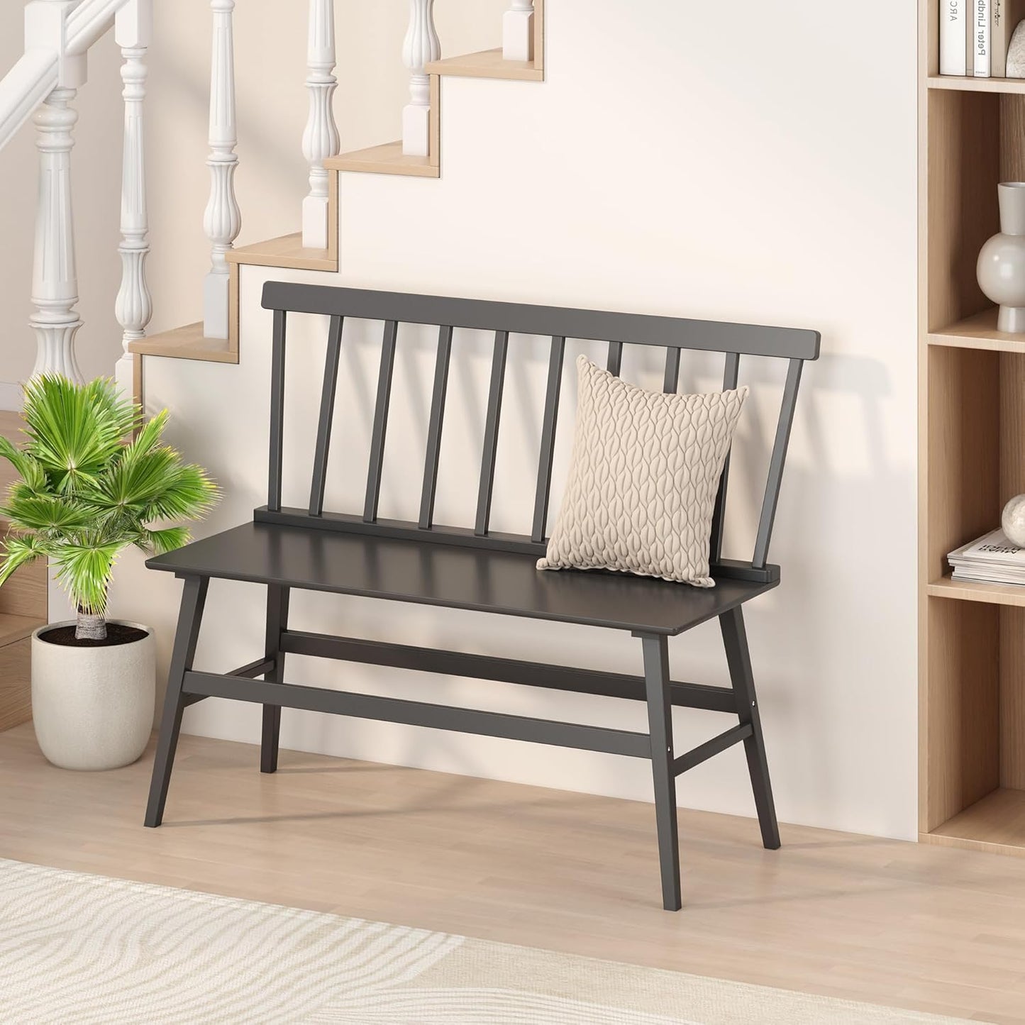 Bamboo Dining Bench, Black Entryway Bench with Spindle Back Farmhouse Wood Windsor for Foyer Balcony Living Room (Nature) (Black)