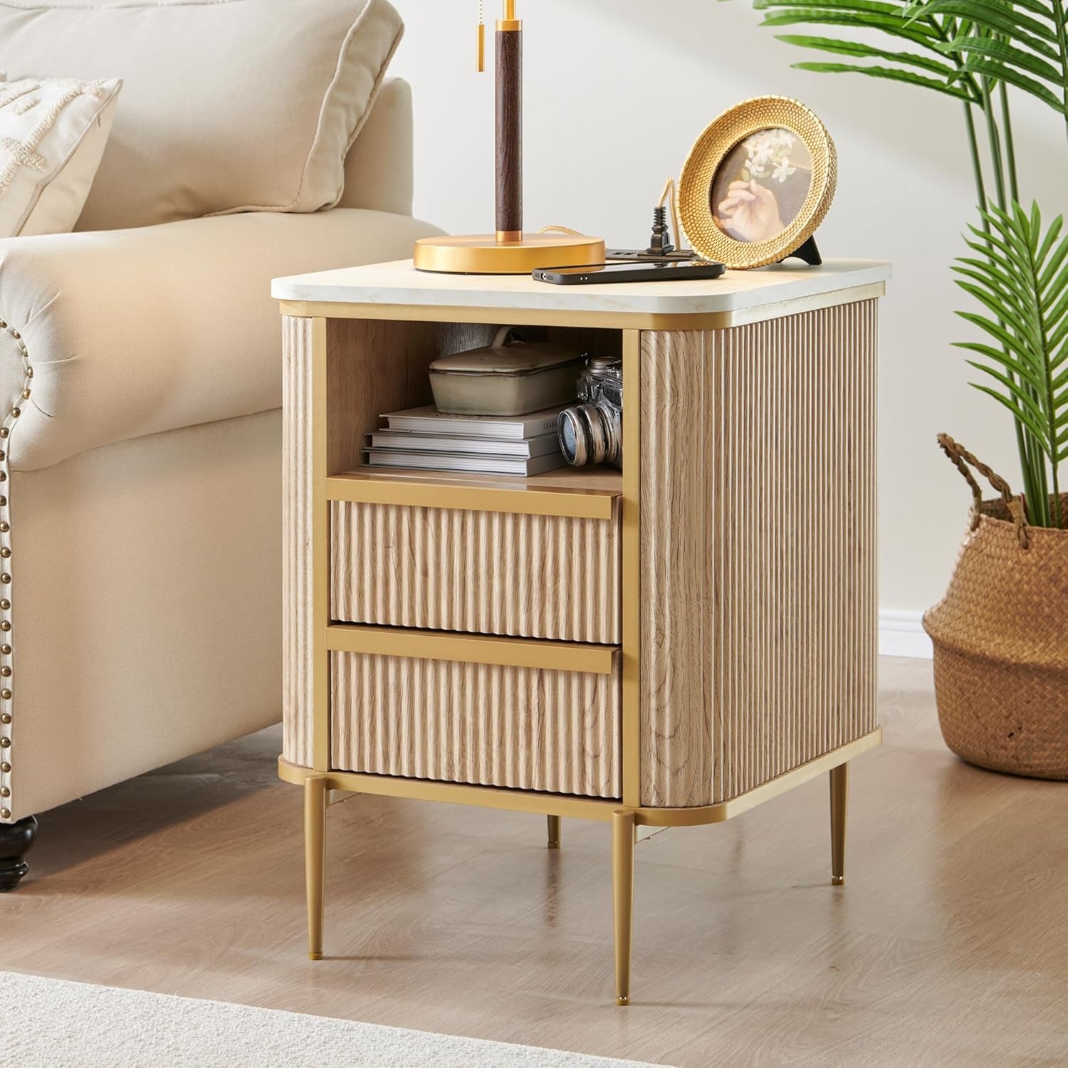 Modern Chic Fluted Nightstand Luxury with Charging Station, End Table/Bed Side Table W/2 Drawers, Faux Marble Tabletop, Gold Metal Decor, Curved Edge Design, Natural Oak