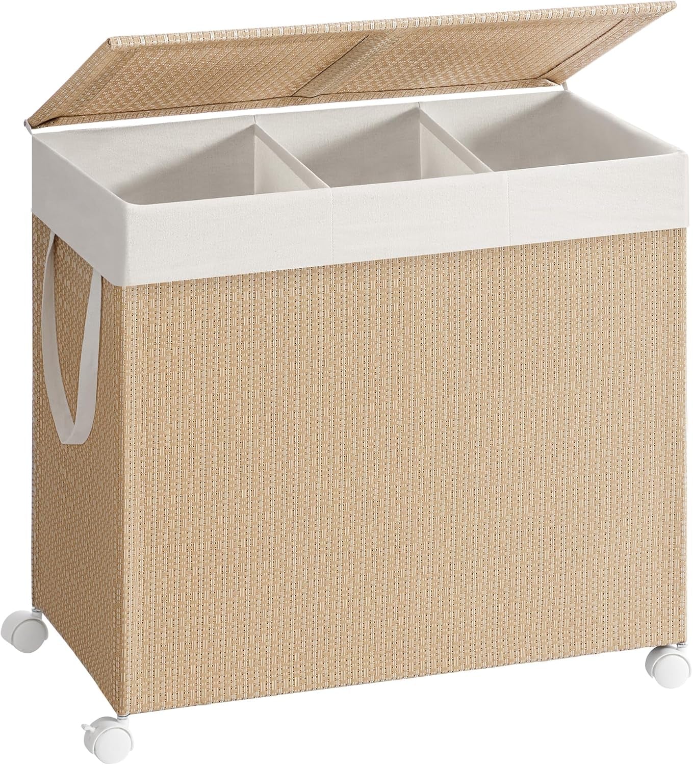 Laundry Hamper with 3 Section, Large 140 L Rolling Laundry Basket with Wheels, Rattan Clothes Basket with Lid, Removable Liner with Handles, Natural Beige and Matte White ULCB602N01