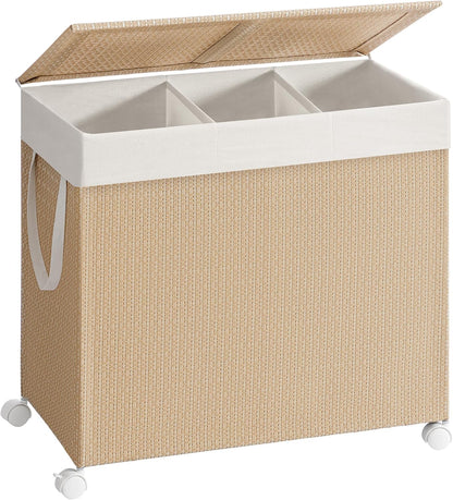 Laundry Hamper with 3 Section, Large 140 L Rolling Laundry Basket with Wheels, Rattan Clothes Basket with Lid, Removable Liner with Handles, Natural Beige and Matte White ULCB602N01