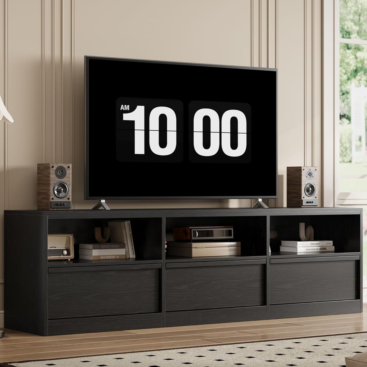 70 Inch TV Stand for 80" Tvs, Mid Century Modern Entertainment Center with Storage Drawer & Open Shelves, Wood Media Console Cabinet for Living Room/Bedroom, Black