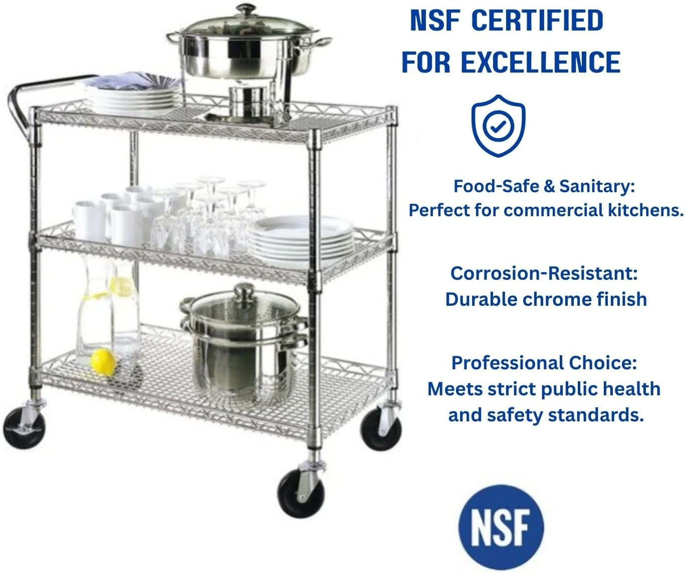 Heavy Duty 3 Tier Rolling Utility Kitchen Cart on Wheels,Large 45"L X 17 1/2"D X 45"H Metal Serving Cart Commercial Grade with Wire Shelving and Handle Bar for Office School Church Kitchen Hardware