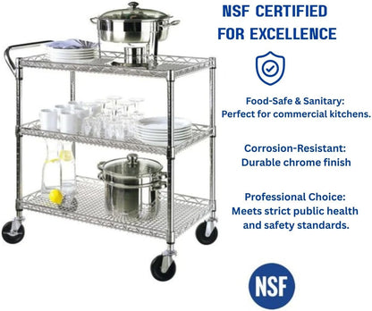 Heavy Duty 3 Tier Rolling Utility Kitchen Cart on Wheels,Large 45"L X 17 1/2"D X 45"H Metal Serving Cart Commercial Grade with Wire Shelving and Handle Bar for Office School Church Kitchen Hardware