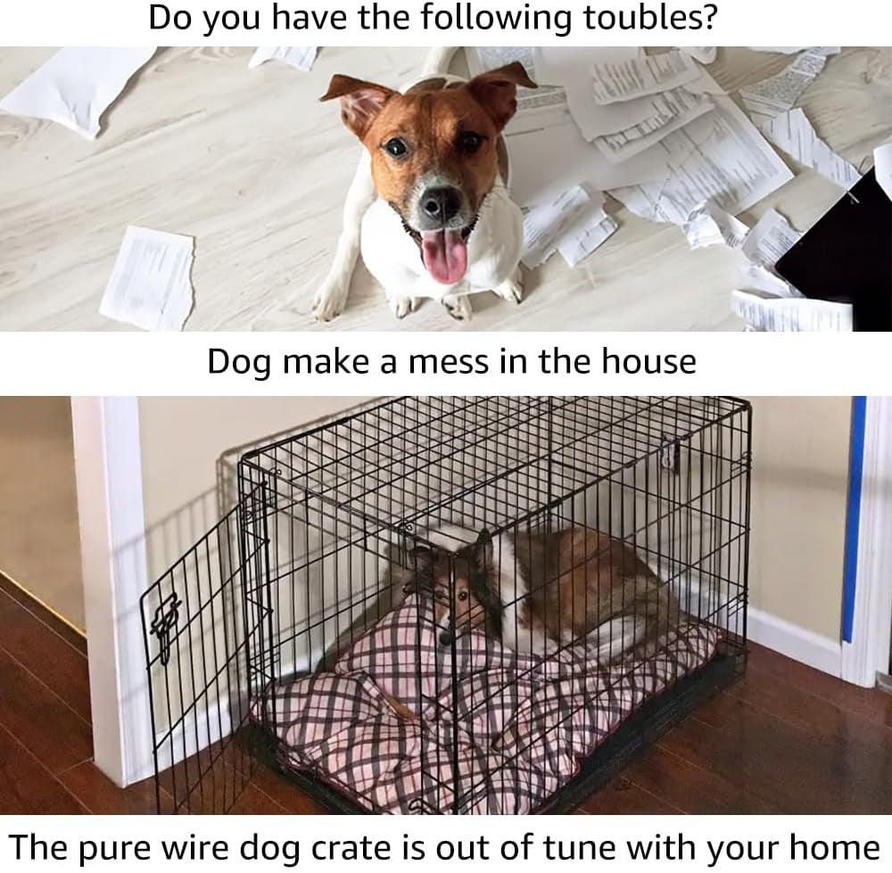 36 Inch Furniture Style Dog Crate End Table with Cushion, Wooden Wire Pet Kennels with Double Doors, Large Dog House Indoor Use