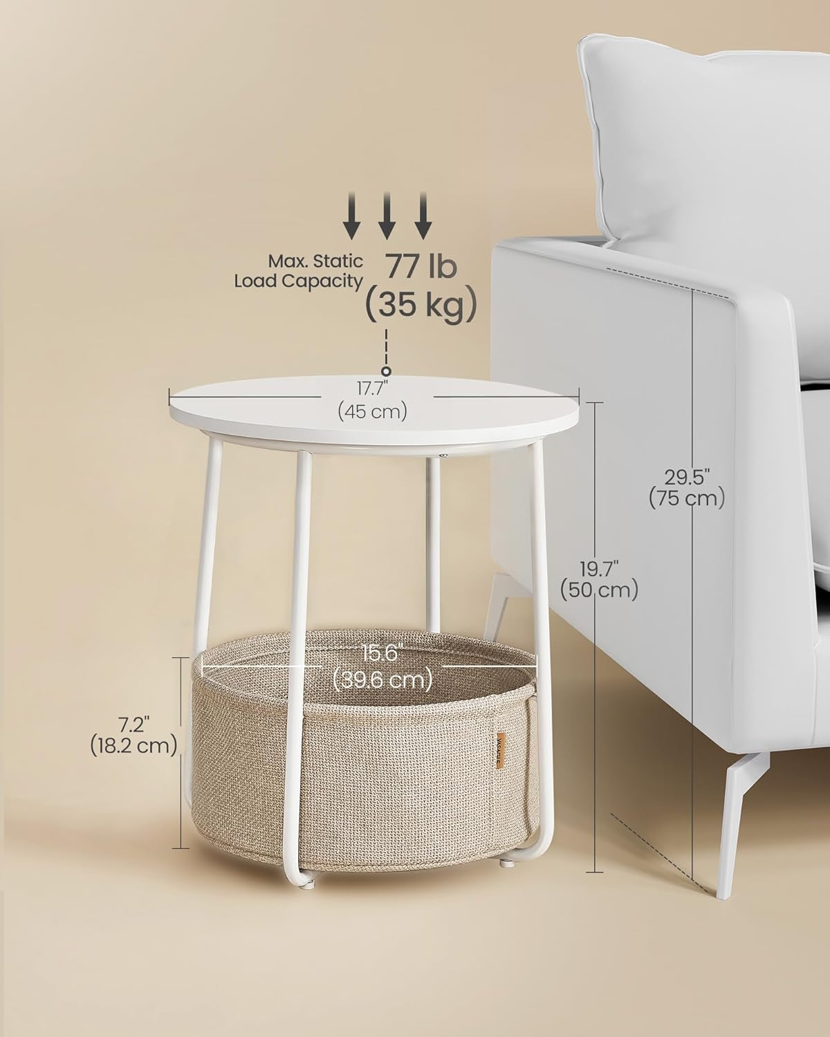 Nightstands, Set of 2 Small round Side Tables with Fabric Basket, Bedside End Tables, for Bedroom, Matte White and Camel Brown ULCT665W01