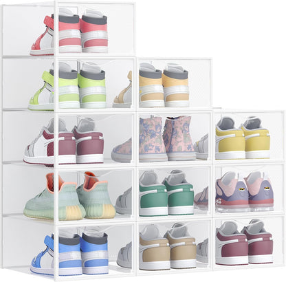 Shoe Boxes, Shoe Storage Organizers Rack for Closet, Plastic Stackable Sneaker Containers Case, 12 Pack, Transparent and Cloud White ULSP312W01