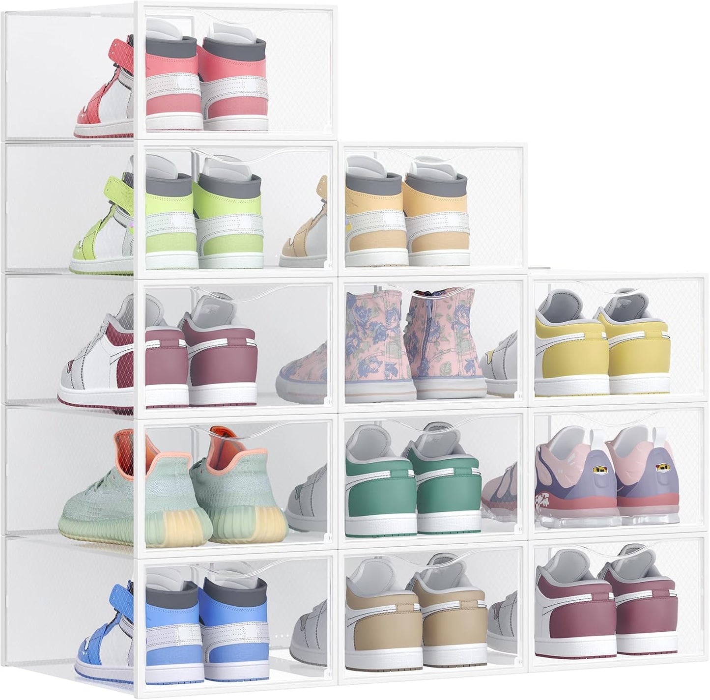 Stackable Shoe Boxes, Set of 12 Plastic Shoe Organizers with Door, Transparent, Easy Assembly, 9.1 X 13.1 X 5.6 Inches, for Shoes up to US Size 10, Transparent and Cloud White ULSP312W01