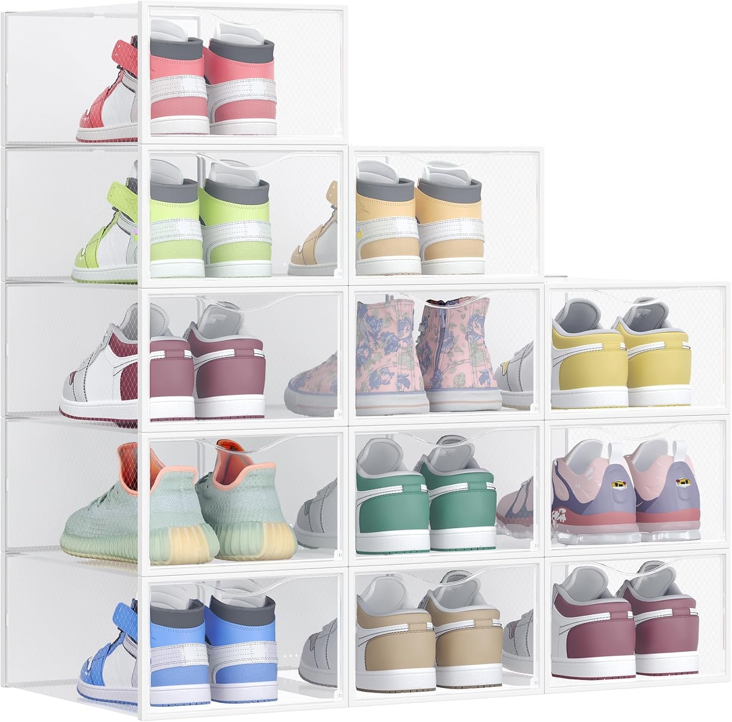 Stackable Shoe Boxes, Set of 12 Plastic Shoe Organizers with Door, Transparent, Easy Assembly, 9.1 X 13.1 X 5.6 Inches, for Shoes up to US Size 10, Transparent and Cloud White ULSP312W01