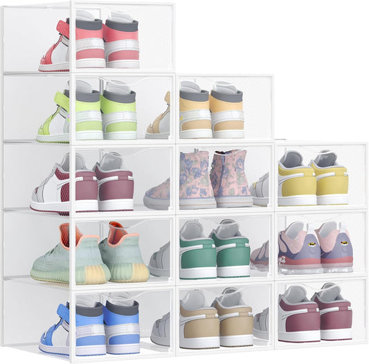 Stackable Shoe Boxes, Set of 12 Plastic Shoe Organizers with Door, Transparent, Easy Assembly, 9.1 X 13.1 X 5.6 Inches, for Shoes up to US Size 10, Transparent and Cloud White ULSP312W01