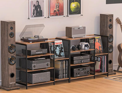 Large Record Player Stand Table with Vinyl Record Holder up to 150PCS, AV Media Stand Stereo Cabinet Shelf Rack Tower with Storage, Sturdy, Adjustable Feet, Rustic, Large Capacity