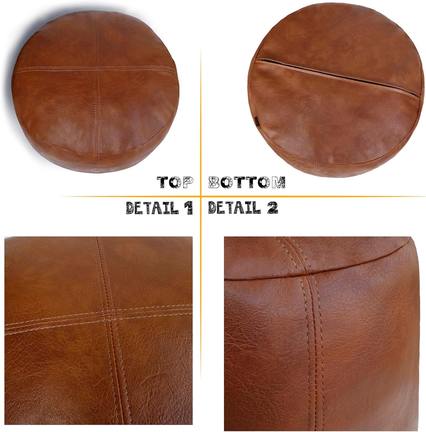 Unstuffed Faux Leather Pouf Cover, Handmade Footstool Ottoman Storage Solution, Floor Footrest Cushion, 16.5”Dx12”H, Amaretto