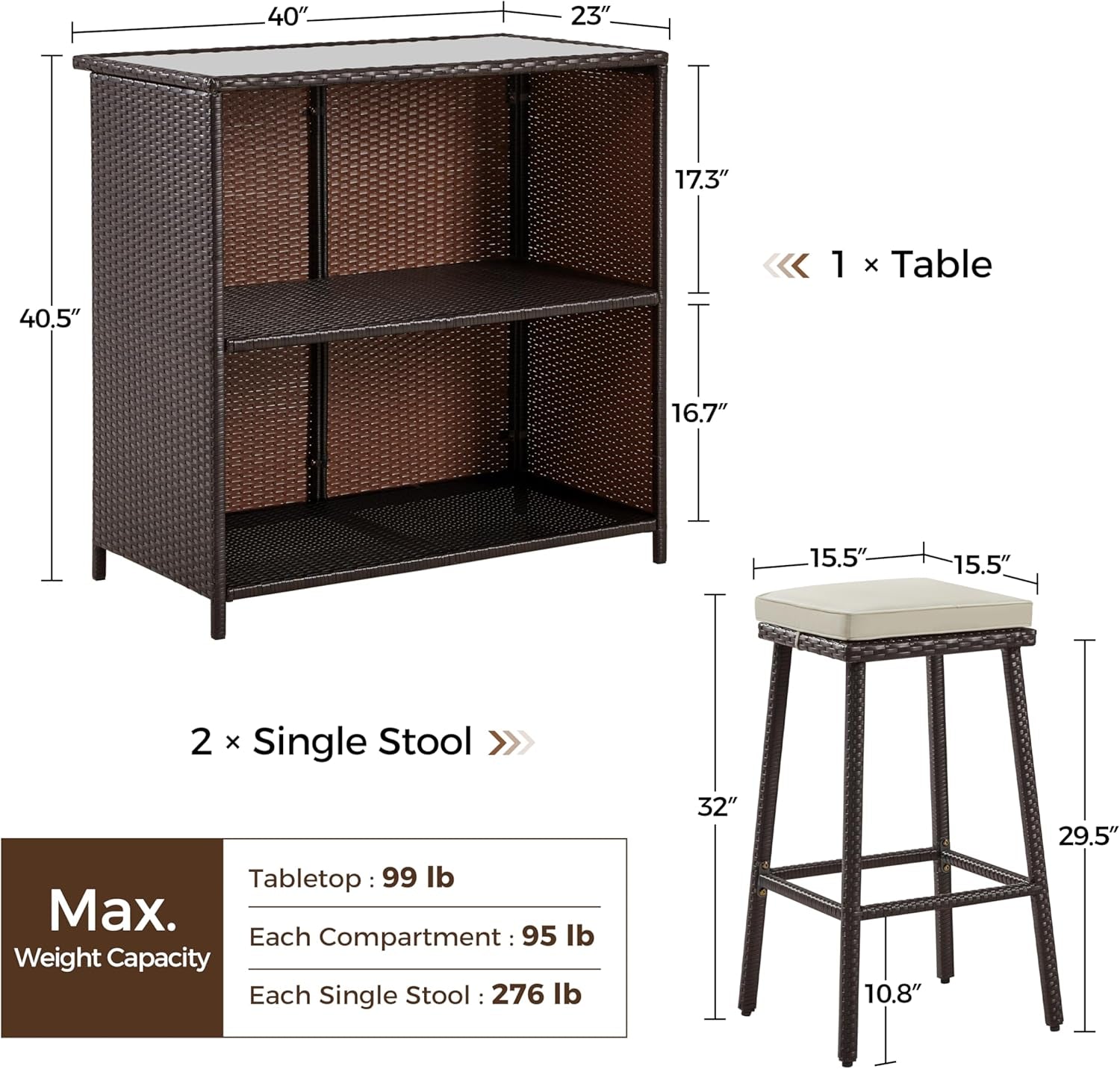3Pcs Outdoor Bar Set, Patio Wicker Bar Furniture with 2 Storage Shelves, Glass Top Table, Cushions and Two Stools, Brown/Khaki