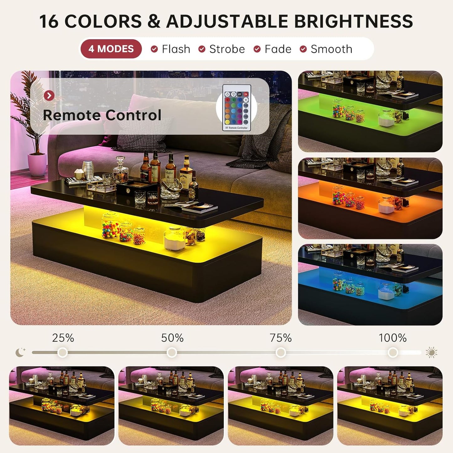 Modern LED Coffee Table, 40" Living Room Tables with 16 Colors LED Lights, Double-Layer Design, Stylish Coffee Tables for Living Room, Black