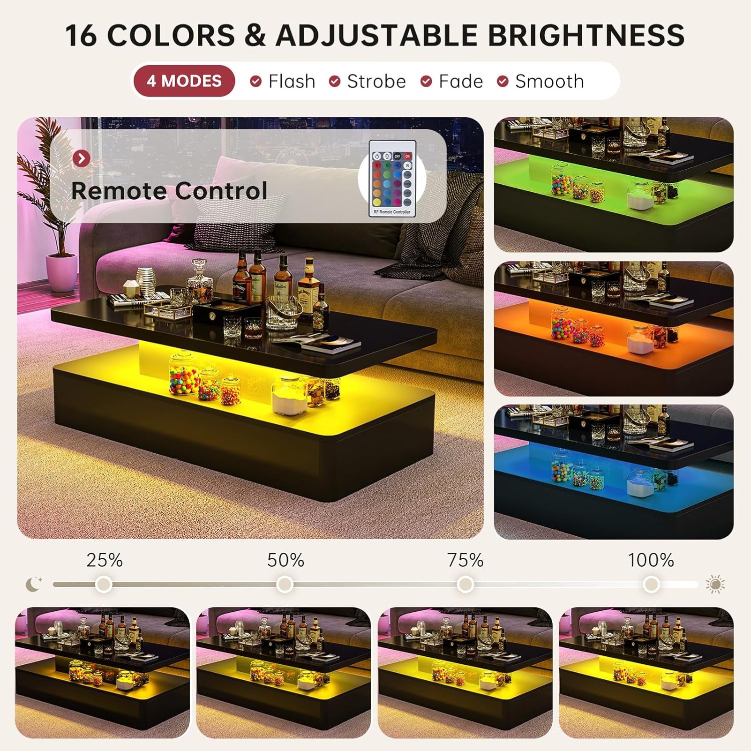 Modern LED Coffee Table, 40" Living Room Tables with 16 Colors LED Lights, Double-Layer Design, Stylish Coffee Tables for Living Room, Black