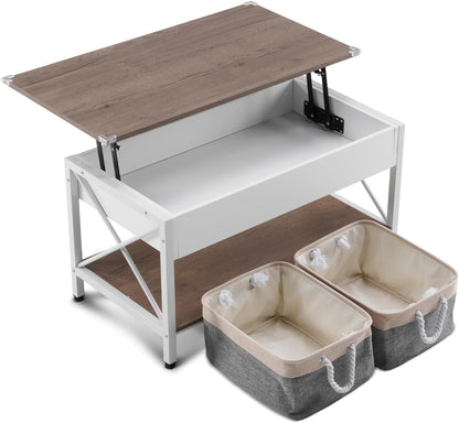 36" Lift Top Coffee Table with Free Cloth Storage Bins, White Walnut Framhouse Coffee Tables for Living Room, Small Modern Coffee Table for Small Space in Minimalistic Style, Dark Walnut