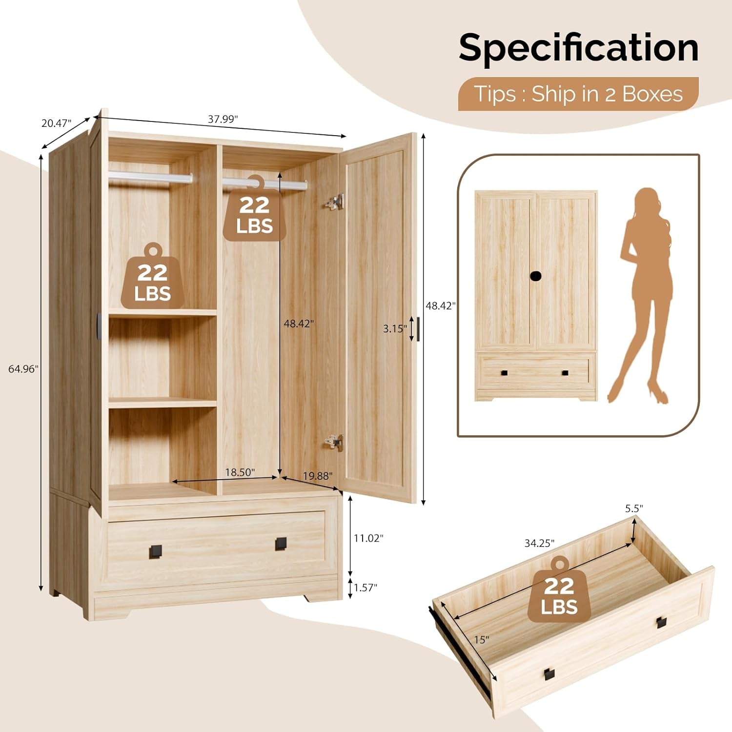 Armoire Wardrobe Closet with Doors, Hanging Rod, Shelves and Drawer - Freestanding Cabinet for Bedroom, Dorm - Oak, 38" W X 21" D X 65" H