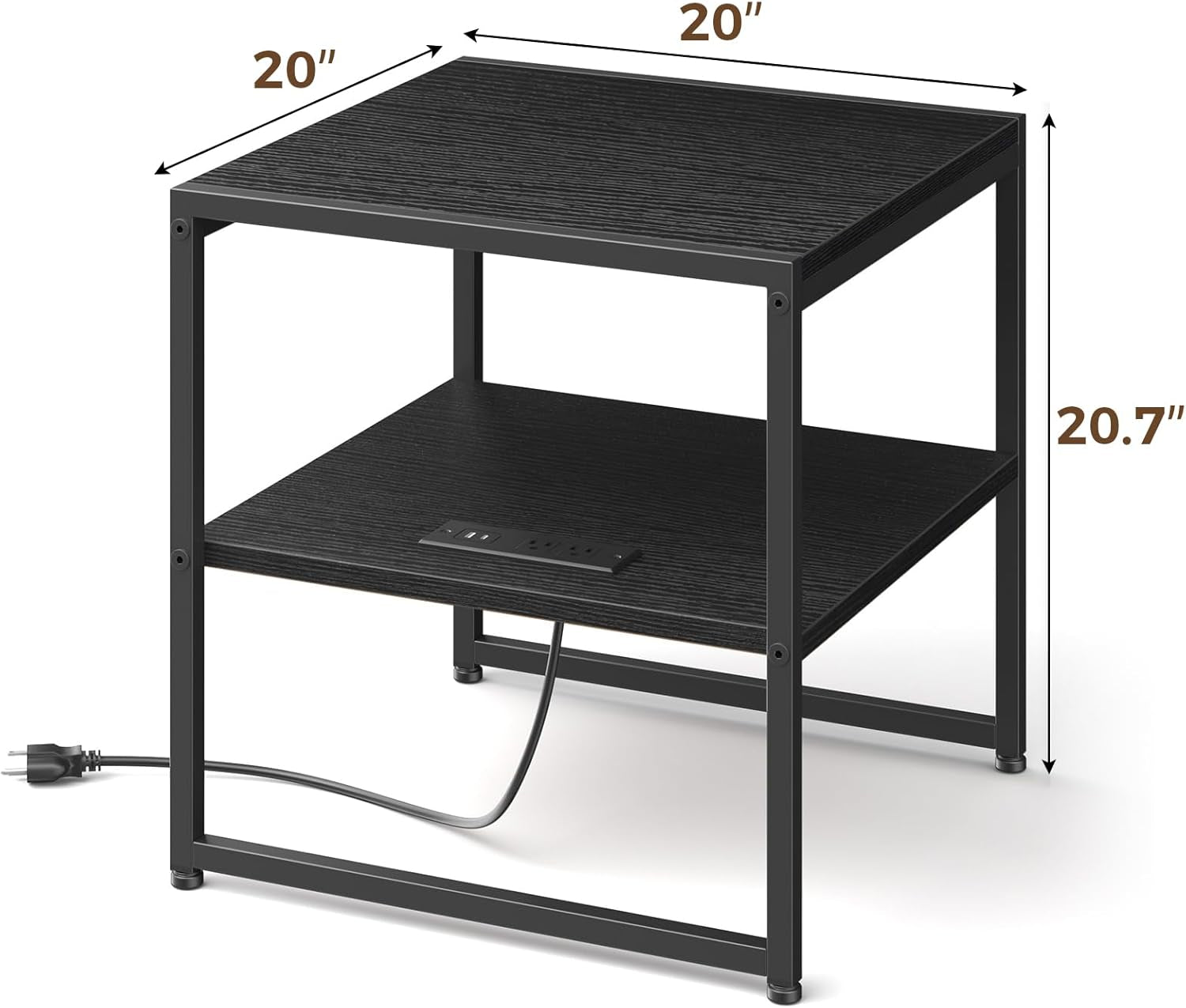 20" End Table with Charging Station, Industrial Square Side Table with USB Ports & Outlets, Versatile 2-Tier Small Nightstand for Bedroom Living Room, Black