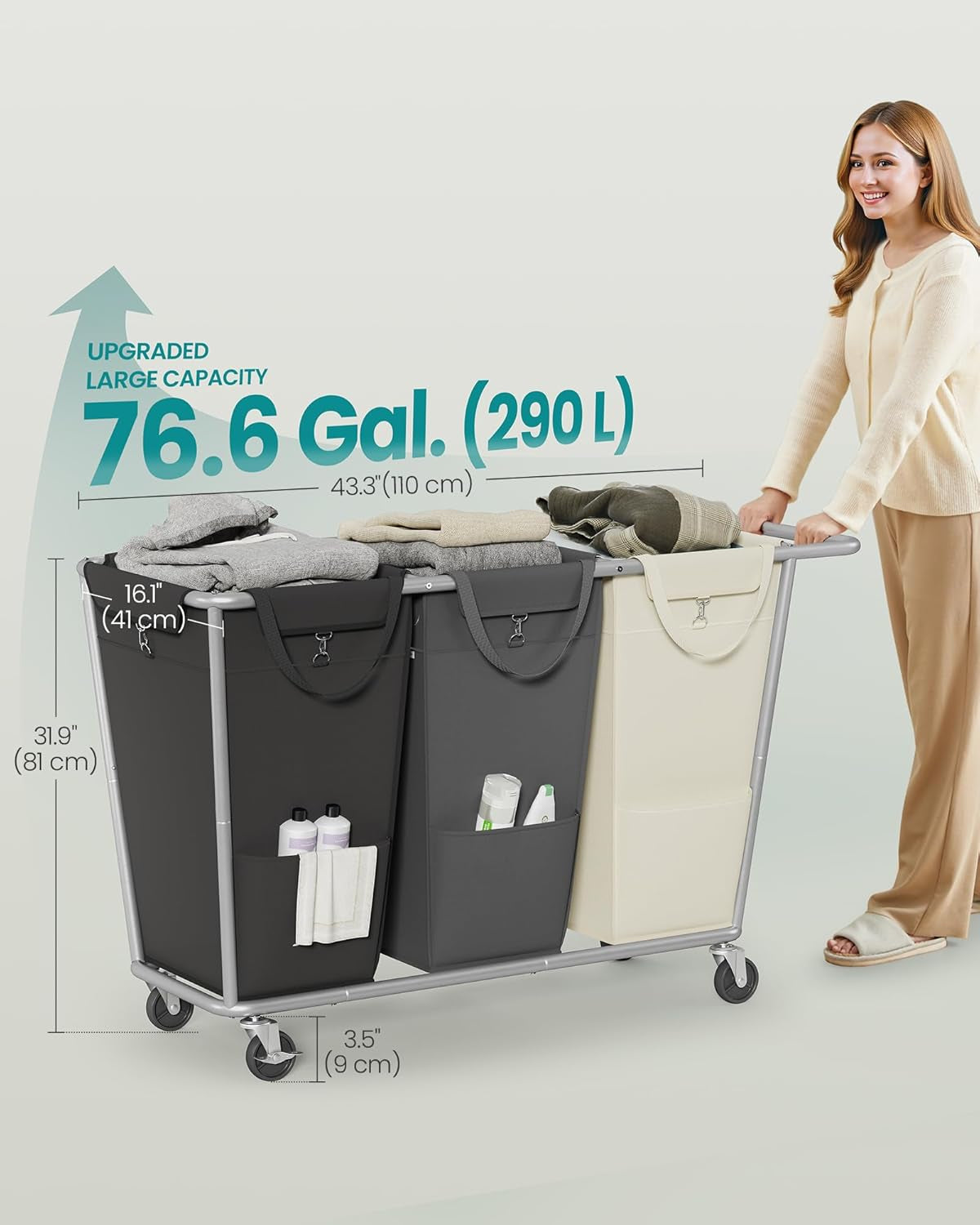 Laundry Basket with Wheels, 76.6 Gallons (290 L), 3-Section Rolling Laundry Hamper with Removable Bags, Heavy-Duty Steel Frame with Handle, Cream White, Dark Gray and Ink Black URLS010X01