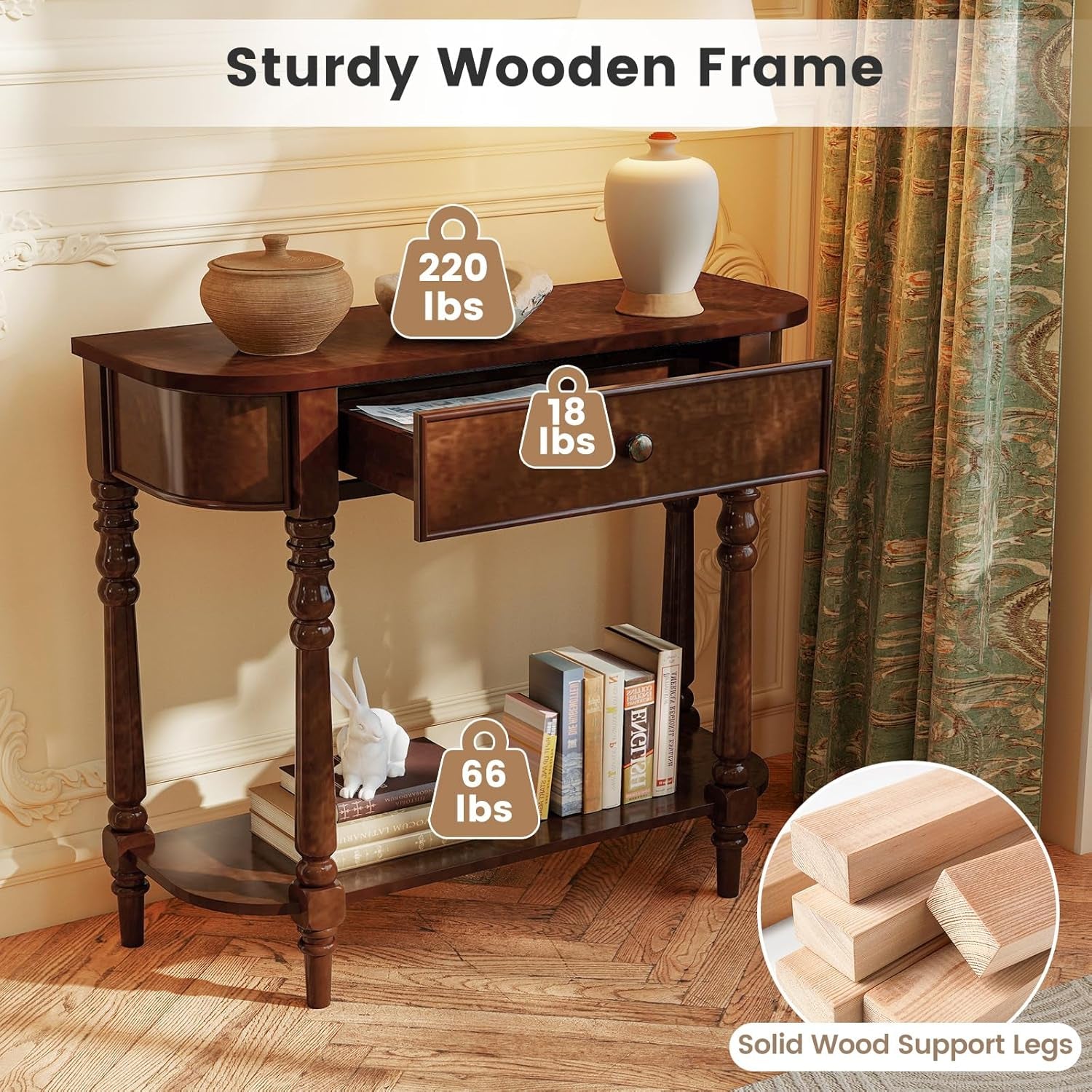 2-Tier Console Table, 36" Retro Entryway Table with Storage Drawer & Elegant Legs, Narrow Wooden Sofa Table with Open Shelf for Living Room, Foyer, Hallway, Bedroom, Entrance (Brown)