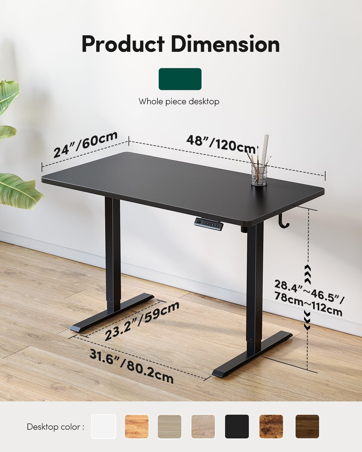 48 X 24 Large One-Piece Standing Desk, Adjustable Height Electric Computer Home Office Sit Stand up Workstation, with 4 Memory Presets, Headphone Hook, White