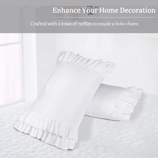 Pack of 2 Chic Ruffle Pillow Shams, King Size White French Country Style Vintage Pillowcases with Handcraft Ruffle, Boho Frilly Pillow Shams for Bedroom, Microfiber, 20" X 36" (Emory)