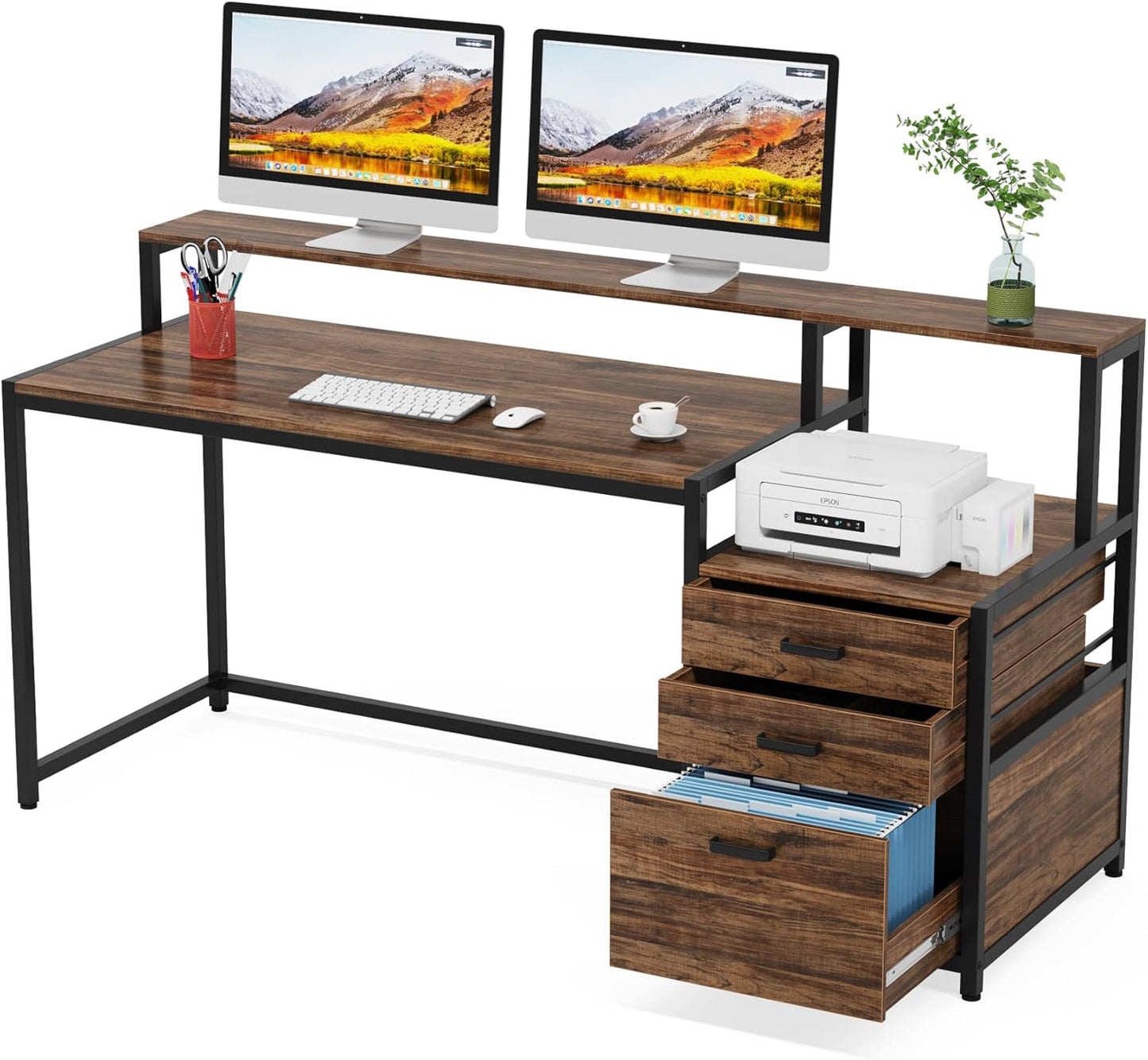 63 Inch Computer Desk with File Drawer Cabinet, Ergonomic Office Desk with Monitor Stand, Industrial Computer Table with Printer Space, Wood PC Table Workstation Desk for Home Office